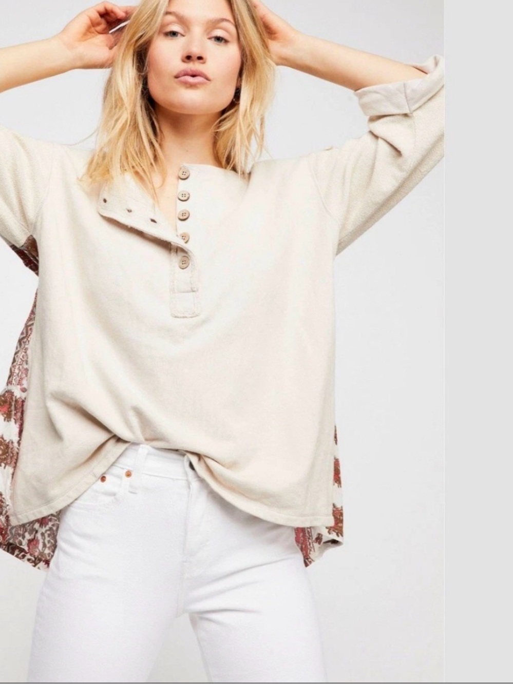 Free People Cream Button Henley with Printed Back Panel